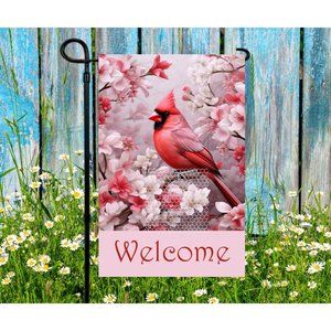 Male Cardinal and Flowers Garden Flag